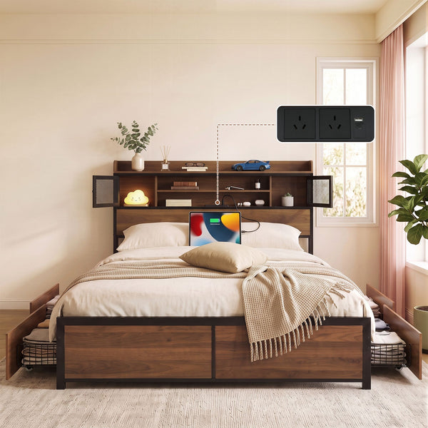 Artiss Queen Bed Frame with Charging Station 4 Drawers Storage Oak Awezingly