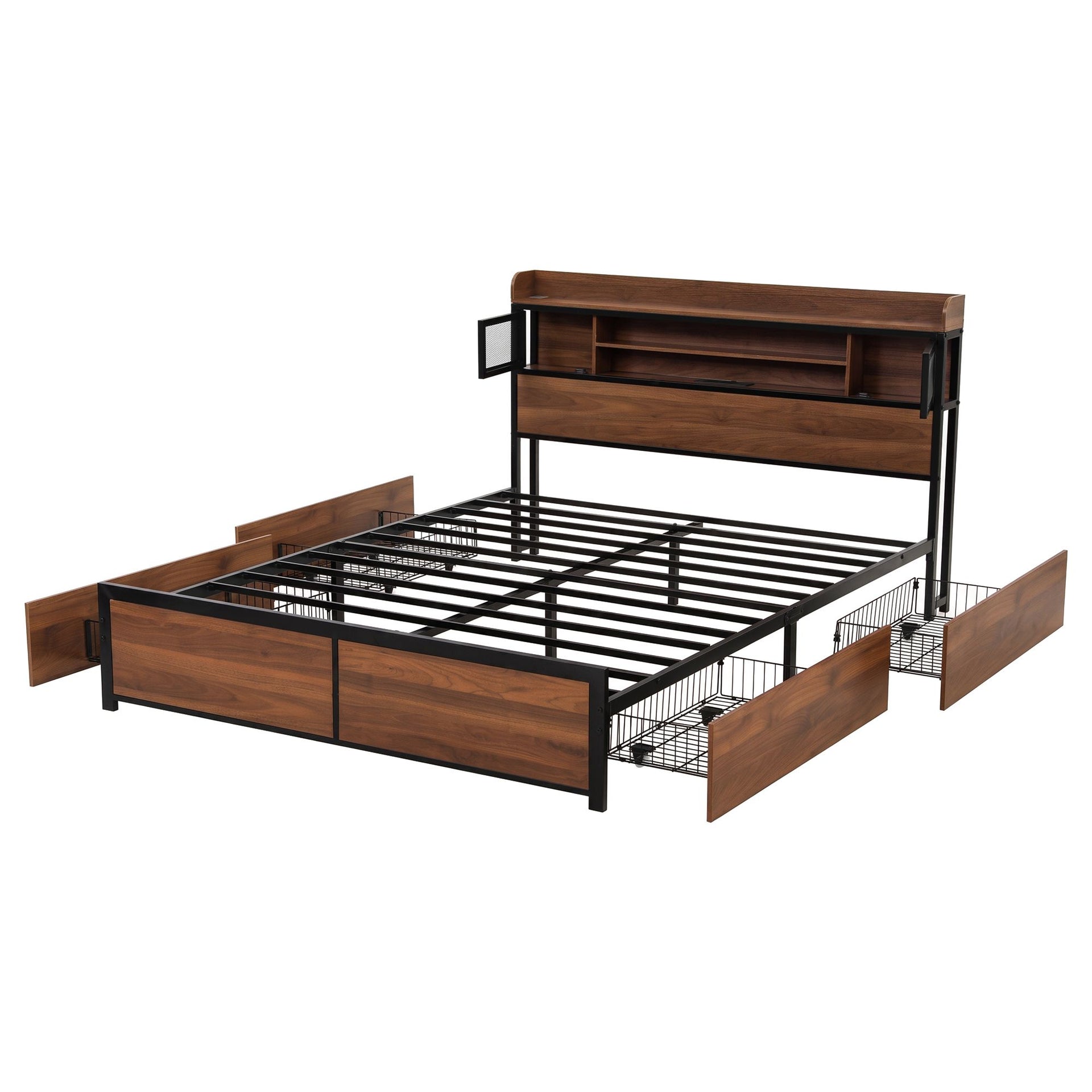 Artiss Queen Bed Frame with Charging Station 4 Drawers Storage Oak Awezingly