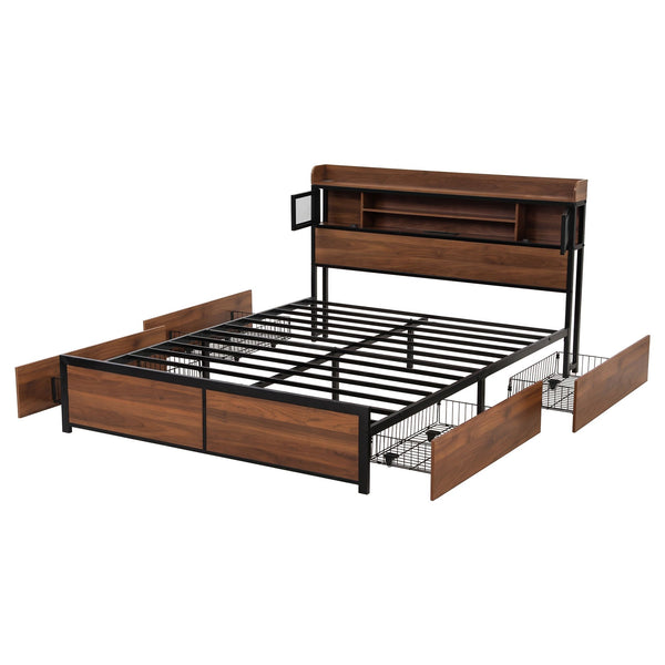 Artiss Queen Bed Frame with Charging Station 4 Drawers Storage Oak Awezingly