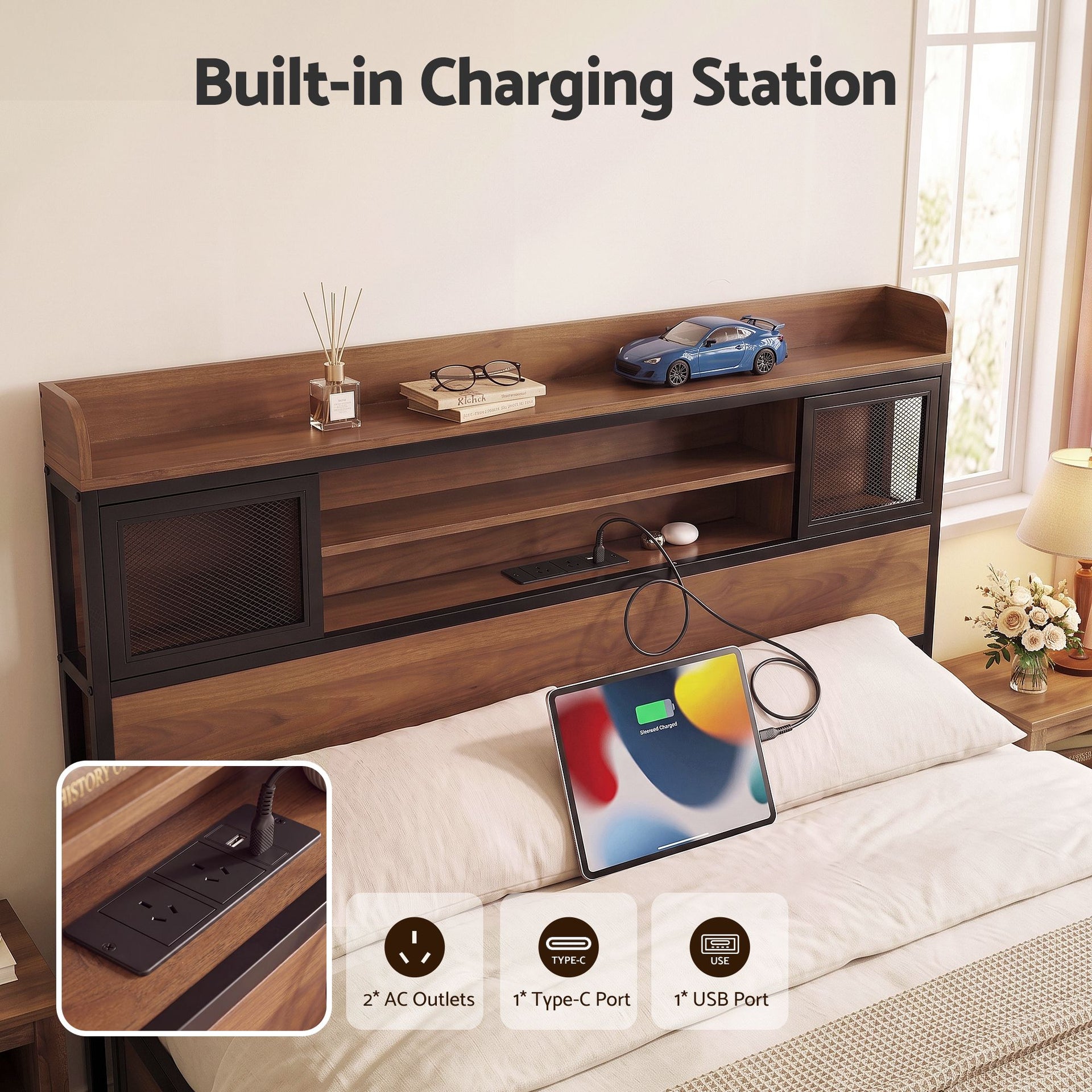 Artiss Queen Bed Frame with Charging Station 4 Drawers Storage Oak Awezingly