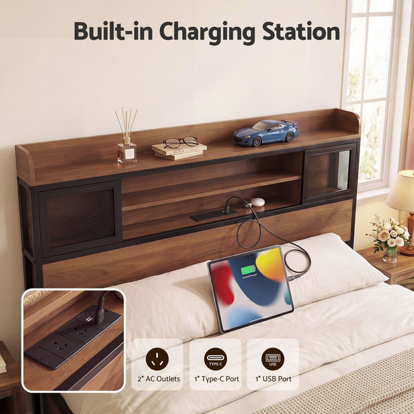 Artiss Queen Bed Frame with Charging Station 4 Drawers Storage Oak Awezingly