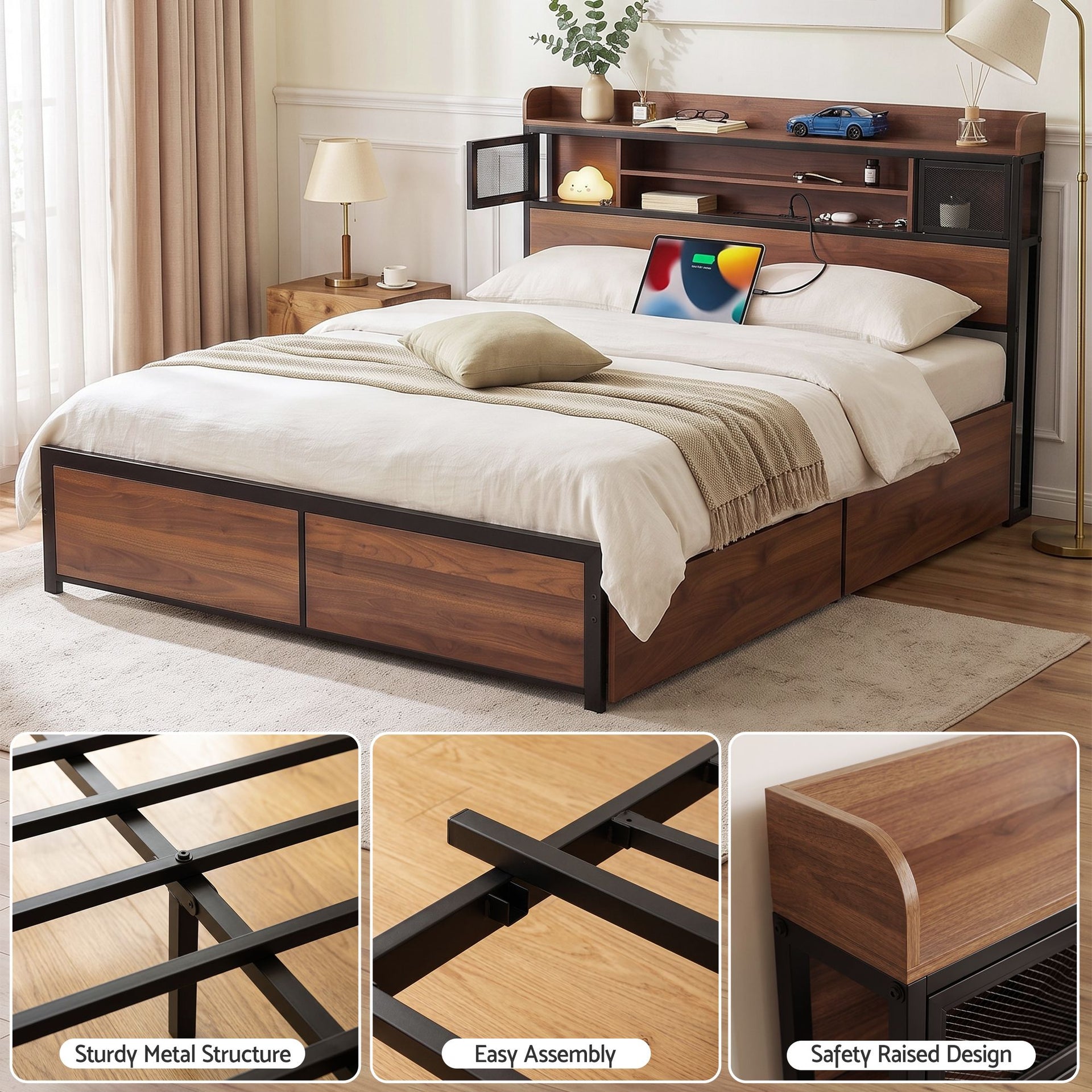 Artiss Queen Bed Frame with Charging Station 4 Drawers Storage Oak Awezingly