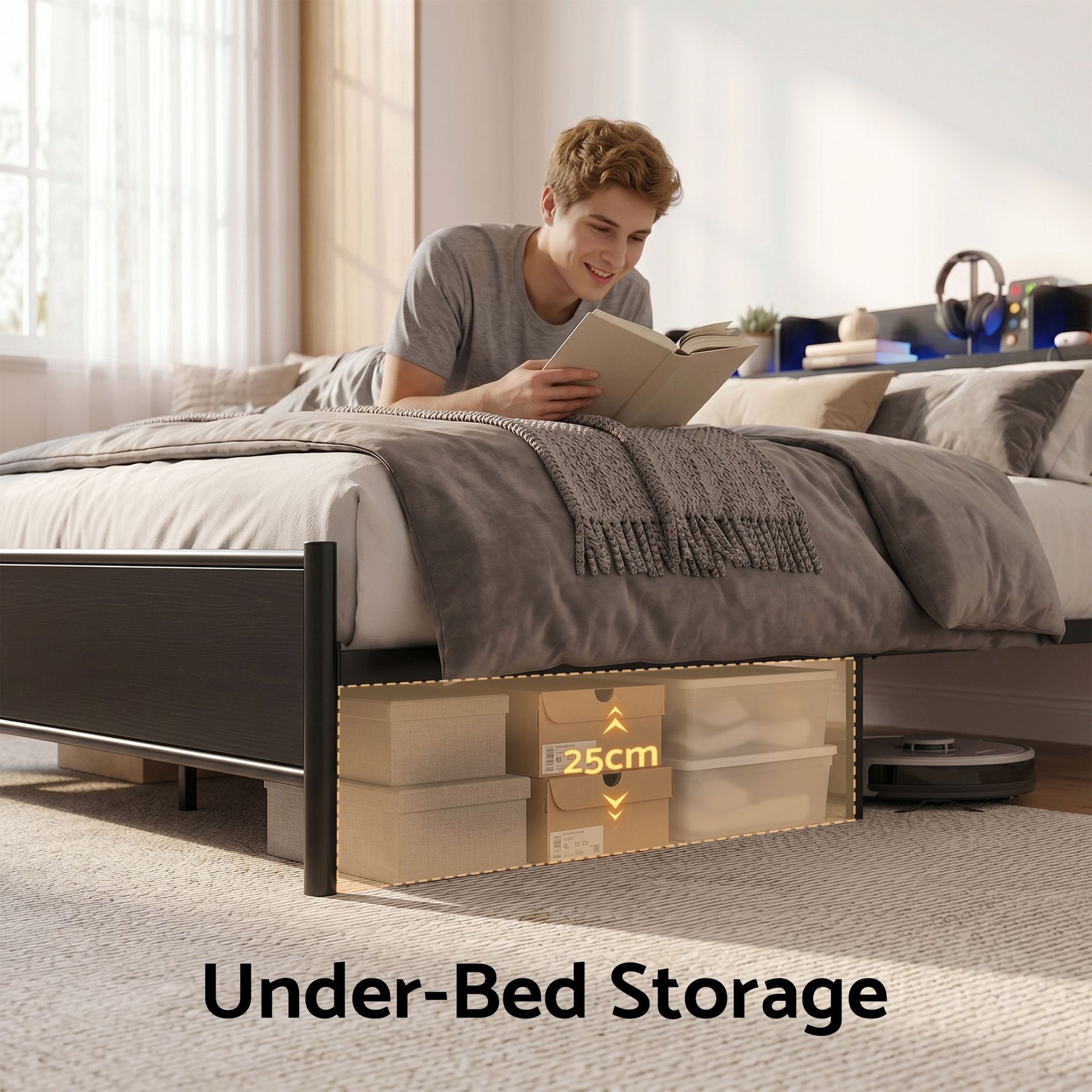 Artiss Bed Frame Queen Size with Storage Shelf Headboard Charging Station GRID Awezingly