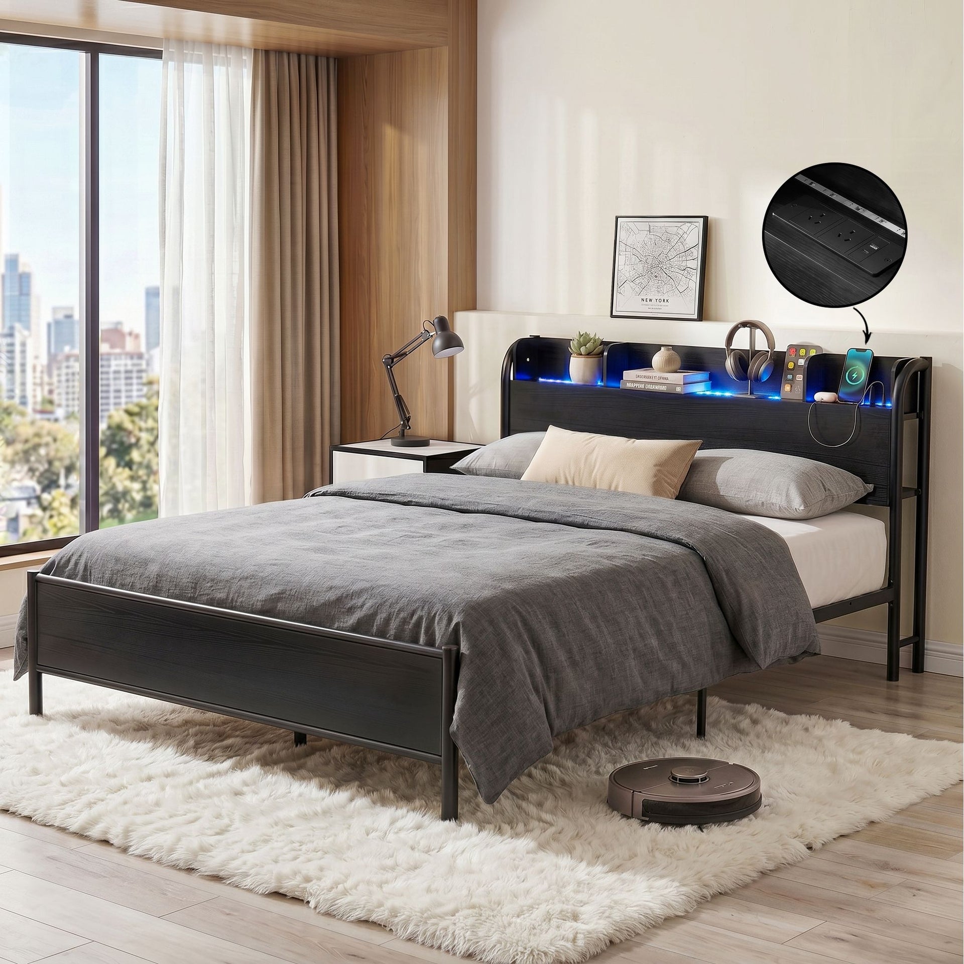 Artiss Bed Frame Queen Size with Storage Shelf Headboard Charging Station GRID Awezingly