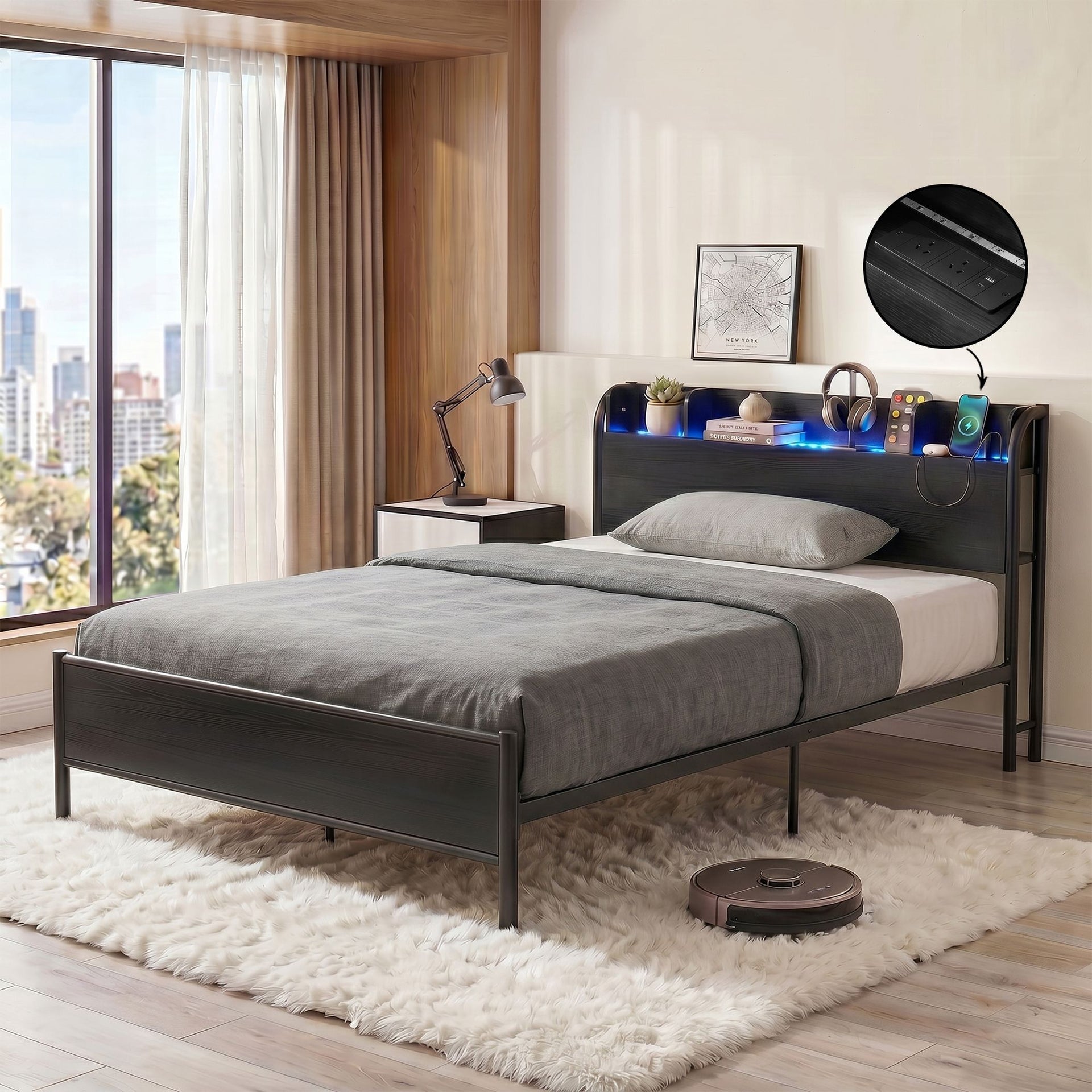 Artiss Bed Frame Single Size with Storage Shelf Headboard Charging Station GRID Awezingly