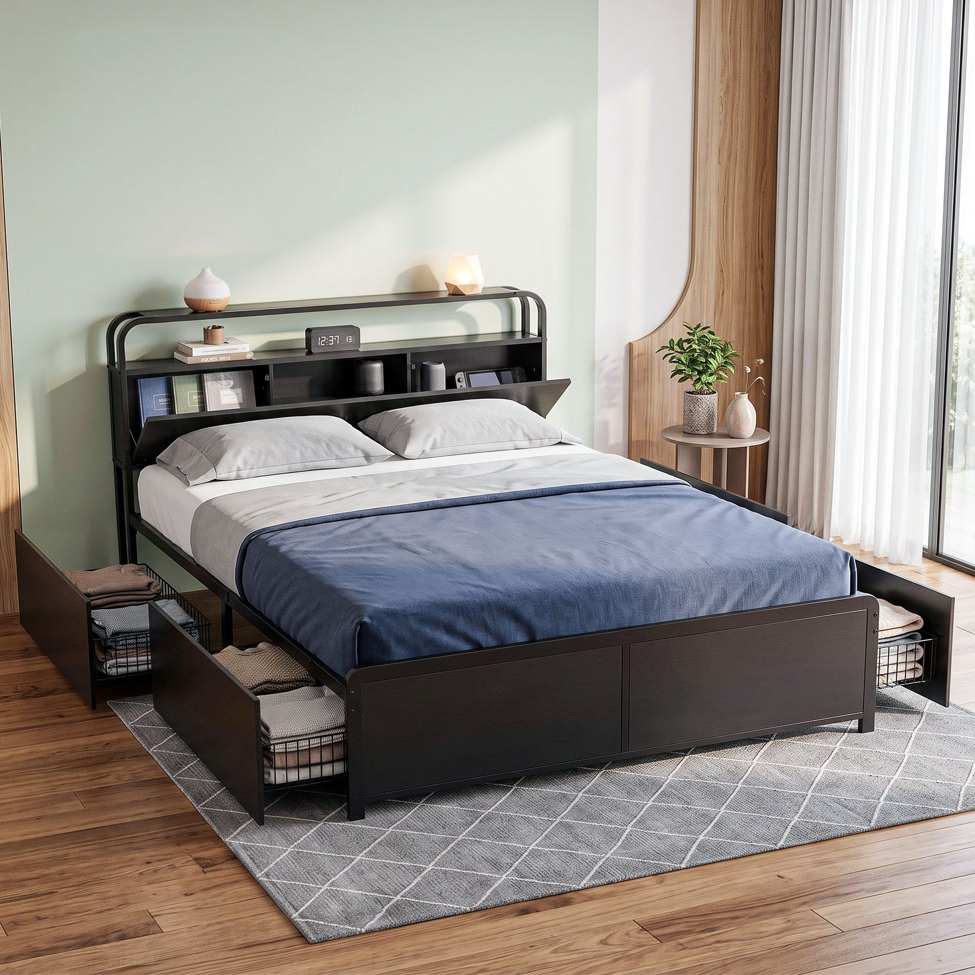 Artiss Queen Metal Bed Frame 4 Drawers Hidden Storage Headboard HEDY Awezingly