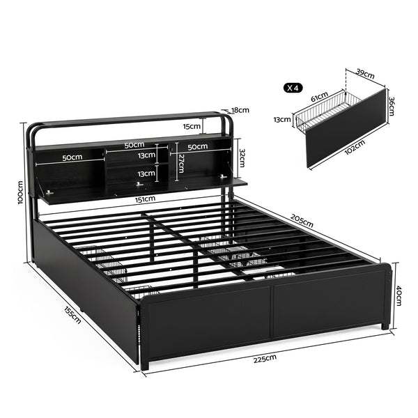 Artiss Queen Metal Bed Frame 4 Drawers Hidden Storage Headboard HEDY Awezingly