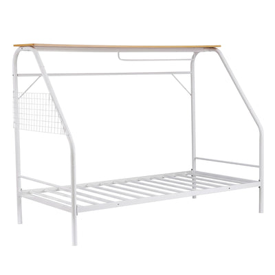 Artiss Single House Bed Frame Metal Canopy Bed Storage Shelf for Kids White