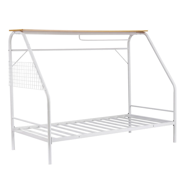 Artiss Single House Bed Frame Metal Canopy Bed Storage Shelf for Kids White Awezingly