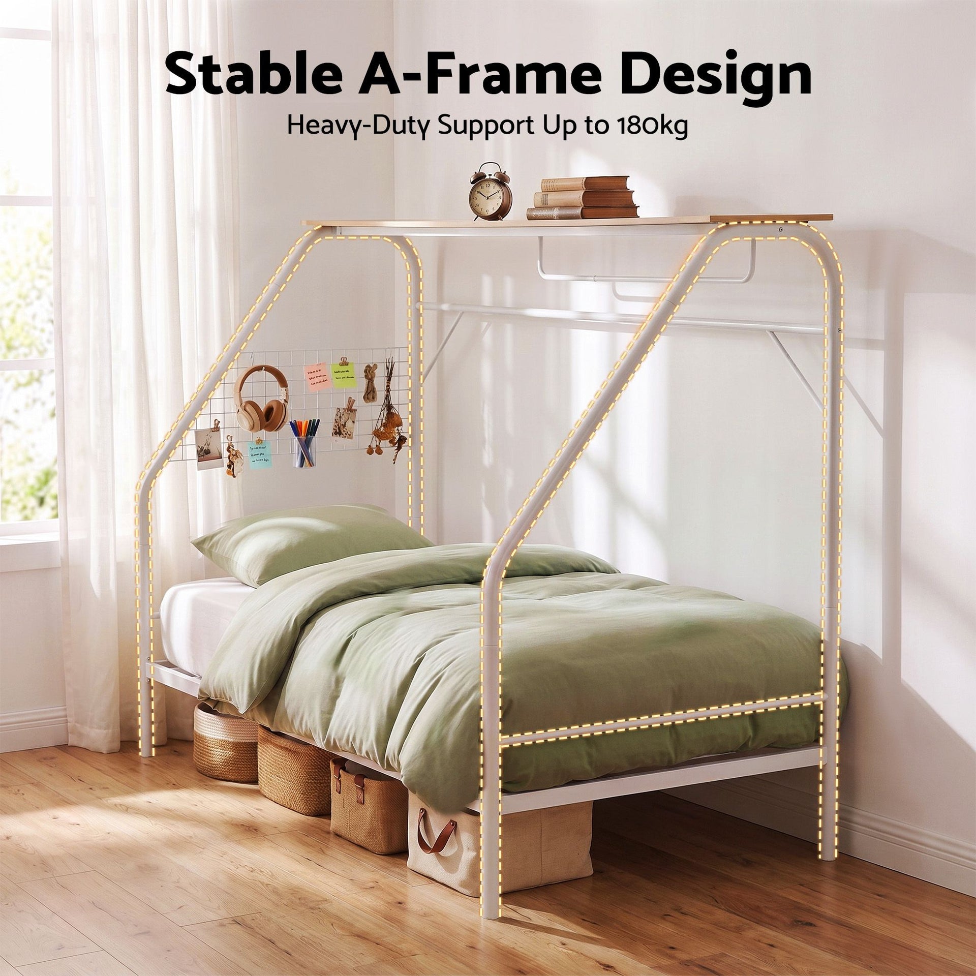 Artiss Single House Bed Frame Metal Canopy Bed Storage Shelf for Kids White Awezingly