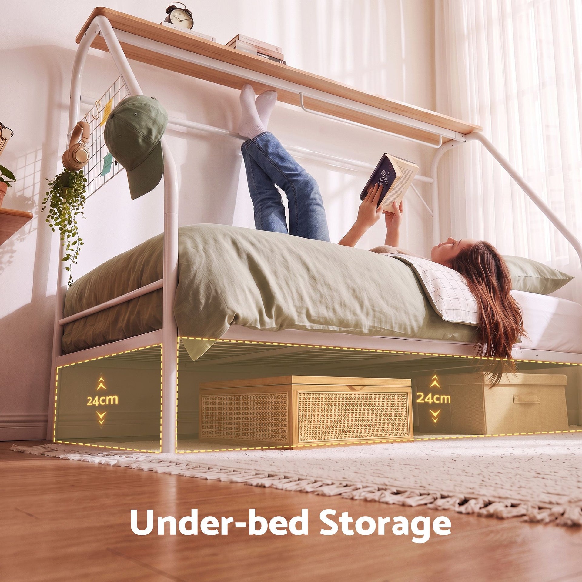 Artiss Single House Bed Frame Metal Canopy Bed Storage Shelf for Kids White Awezingly