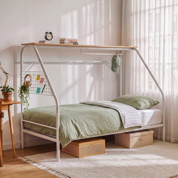 Artiss Single House Bed Frame Metal Canopy Bed Storage Shelf for Kids White Awezingly