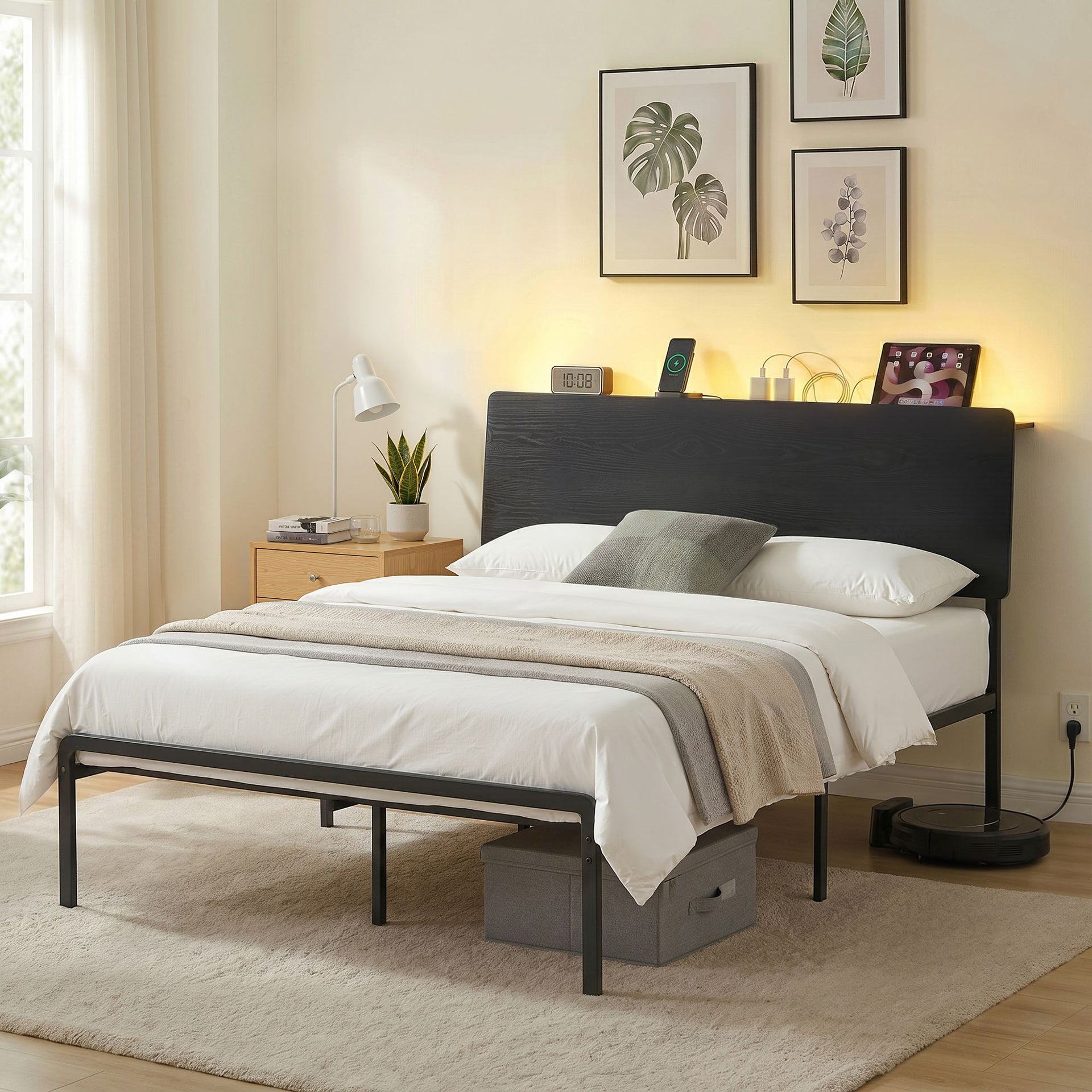 Artiss Bed Frame Queen Size LED Metal Bed Base with Charging Station LAN Awezingly