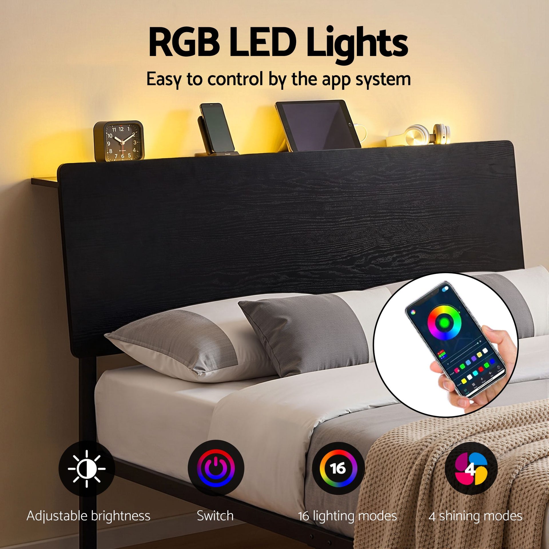 Artiss Bed Frame Queen Size LED Metal Bed Base with Charging Station LAN Awezingly