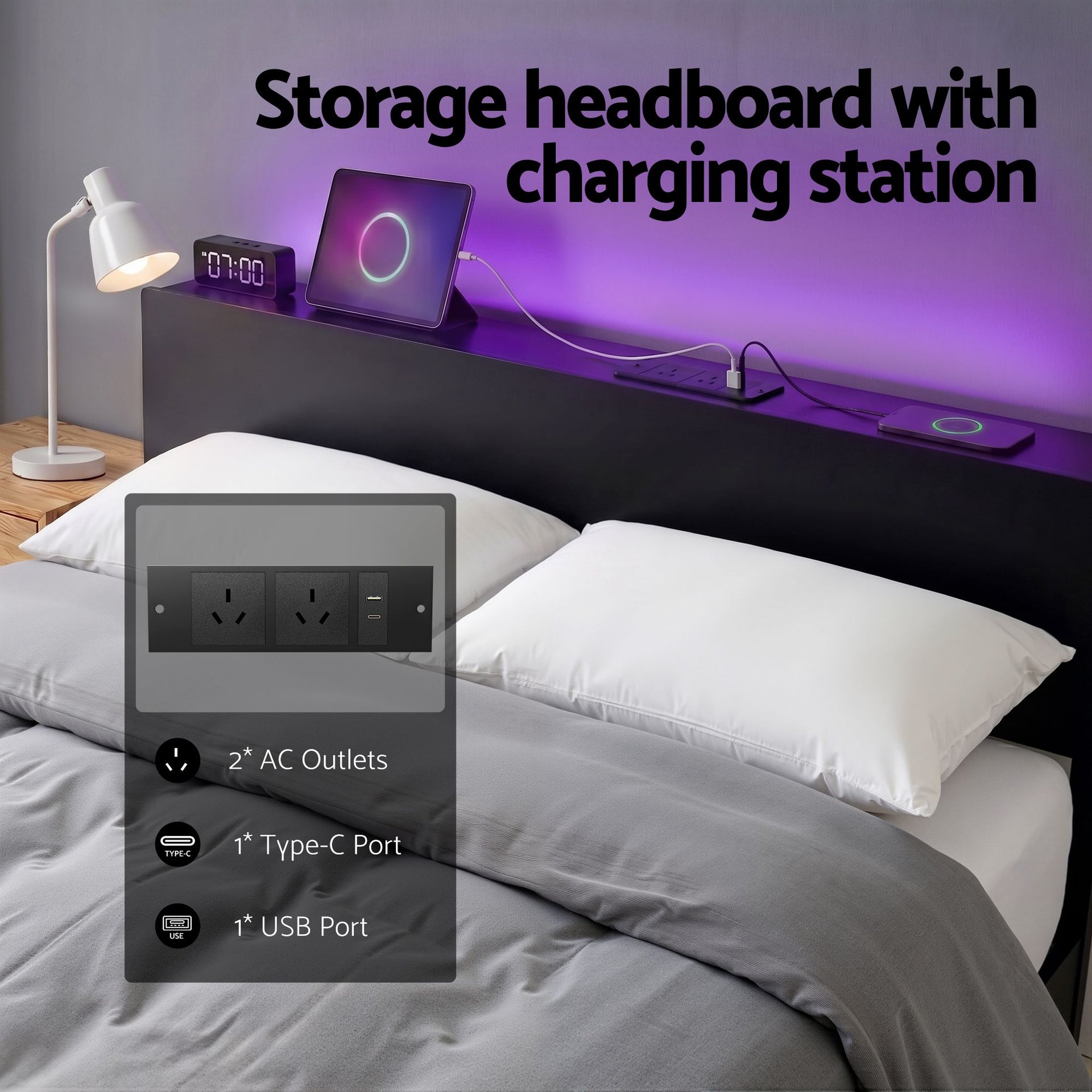 Artiss Bed Frame Queen Size LED Metal Bed Base with Charging Station LAN Awezingly