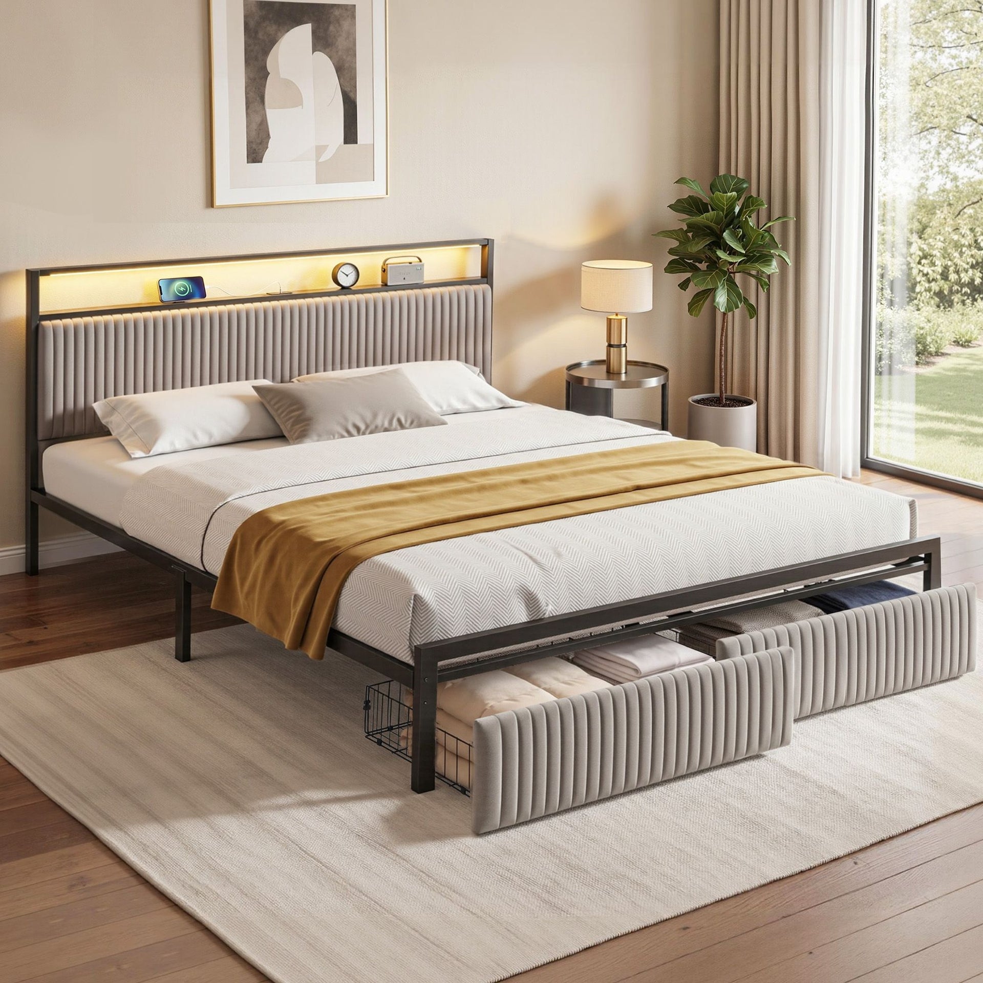 Artiss Metal Bed Frame King Size LED Charging Station 2 Drawers Awezingly
