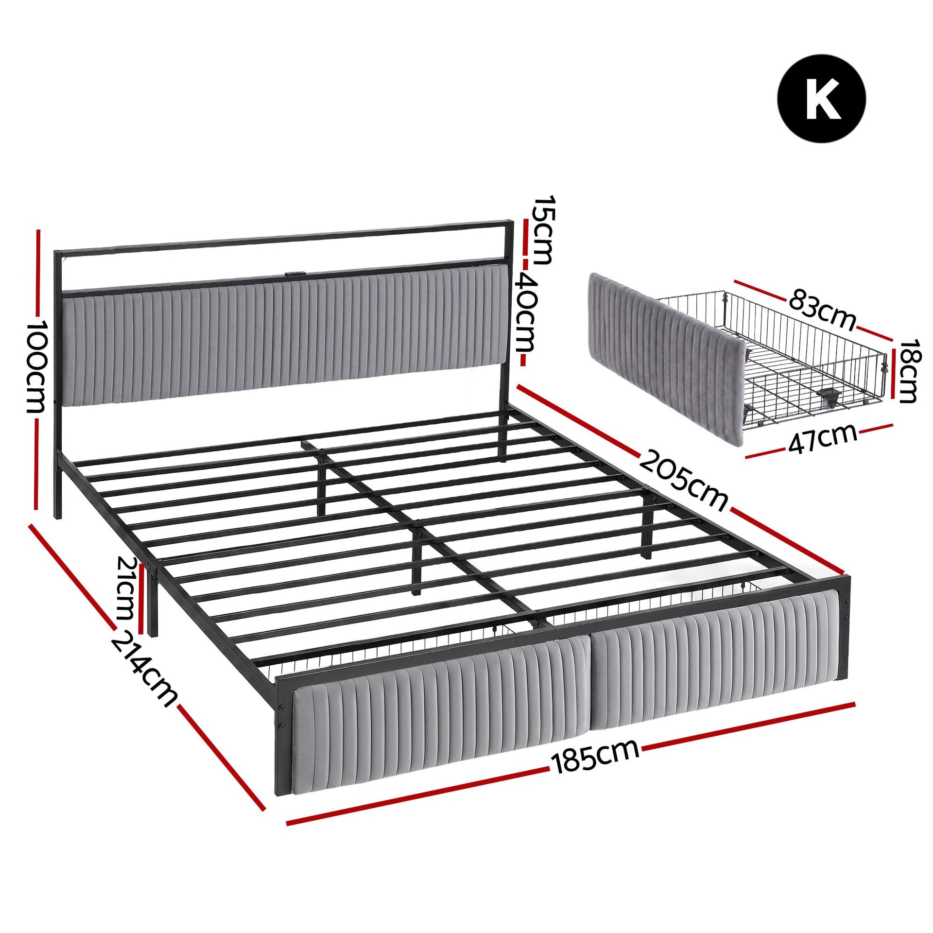 Artiss Metal Bed Frame King Size LED Charging Station 2 Drawers Awezingly