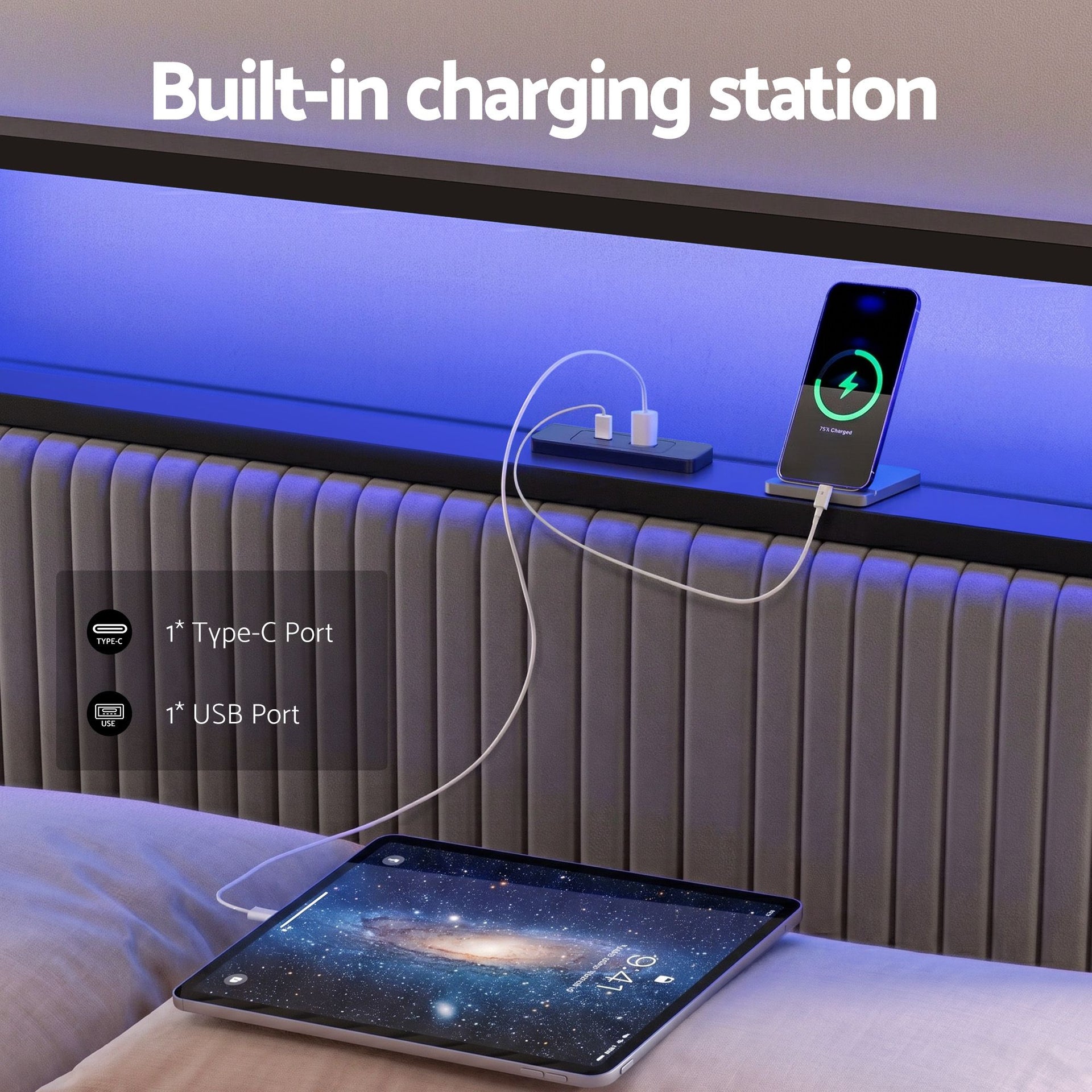 Artiss Metal Bed Frame King Size LED Charging Station 2 Drawers Awezingly