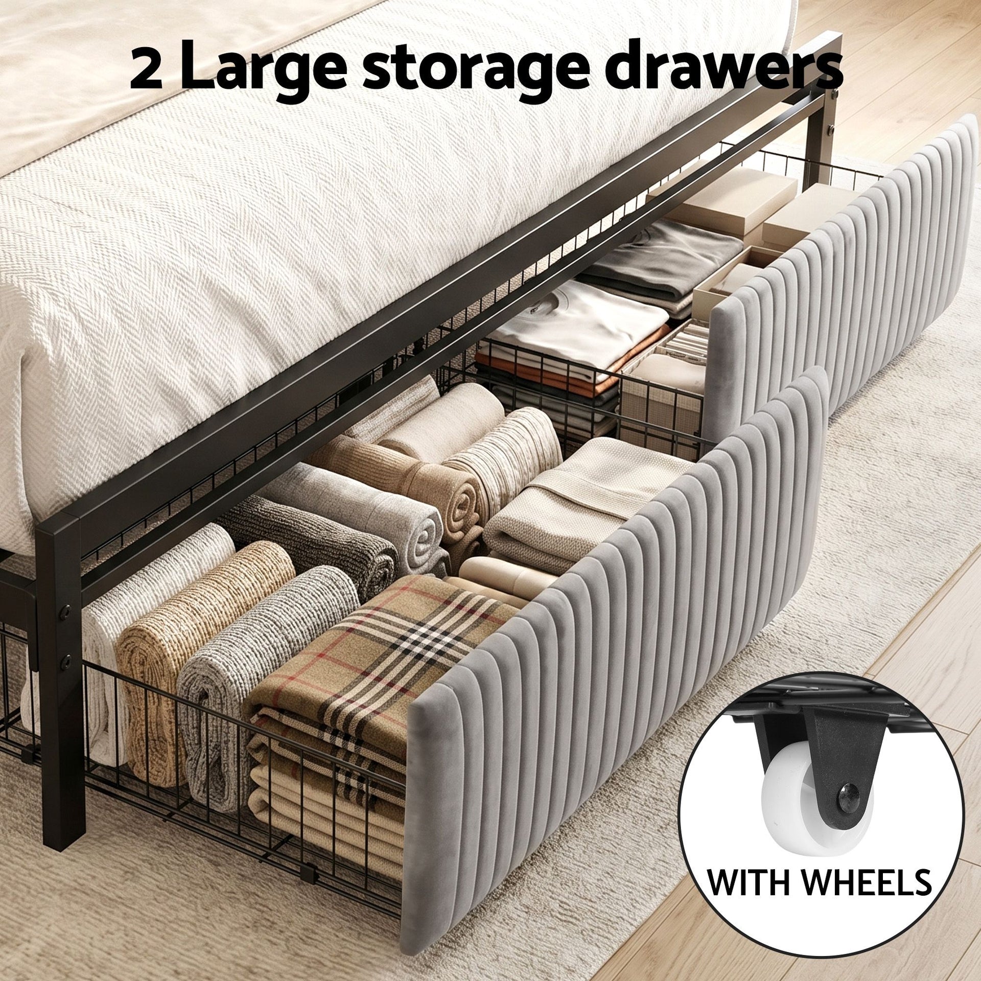 Artiss Metal Bed Frame King Size LED Charging Station 2 Drawers Awezingly