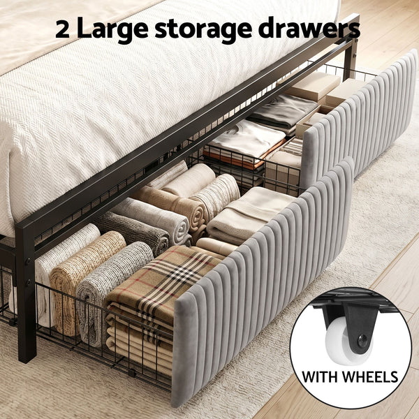 Artiss Metal Bed Frame King Size LED Charging Station 2 Drawers Awezingly
