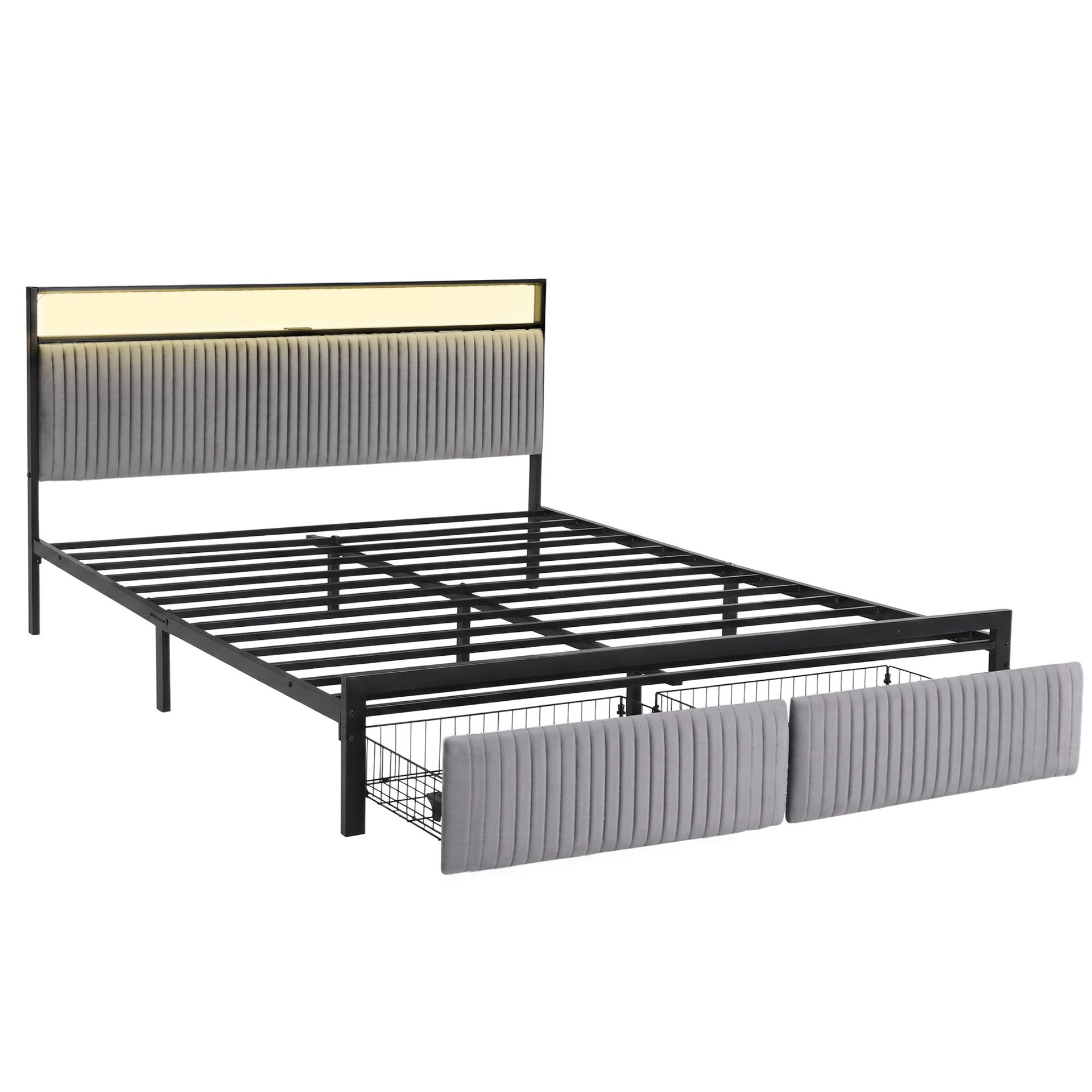 Artiss Metal Bed Frame King Size LED Charging Station 2 Drawers Awezingly