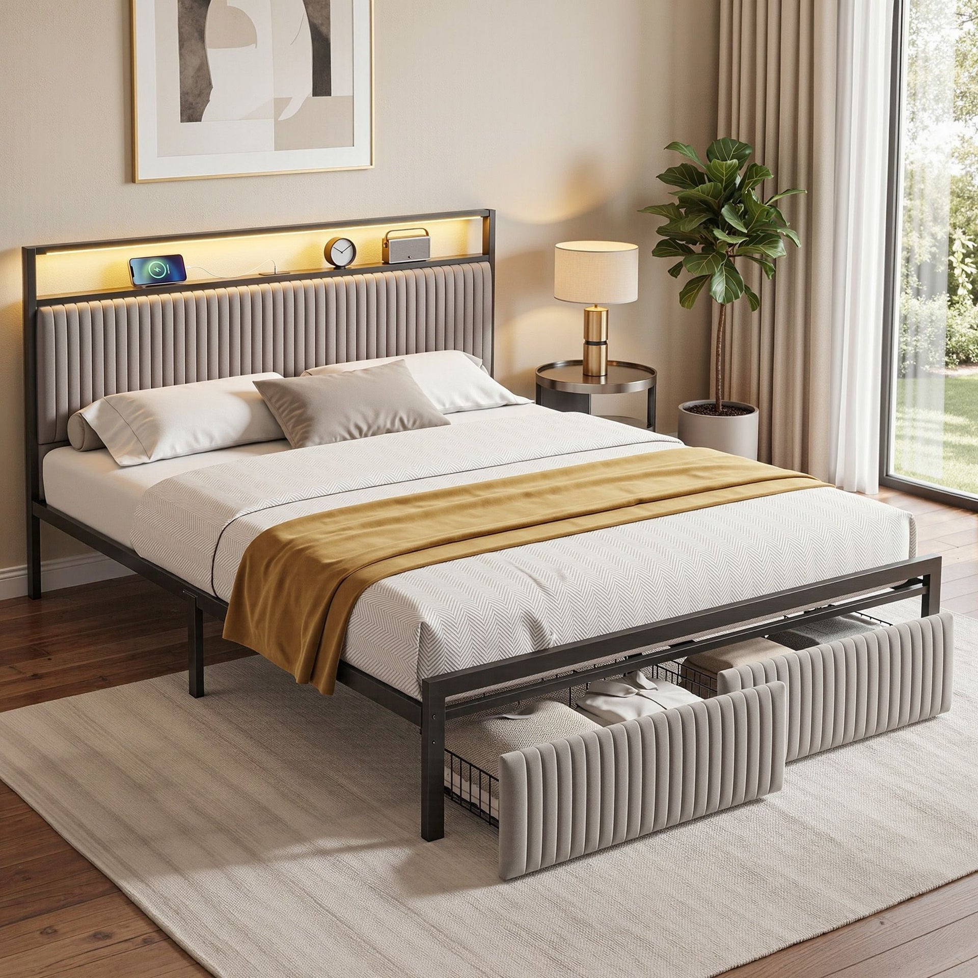 Artiss Metal Bed Frame Queen Size LED Charging Station 2 Drawers Awezingly