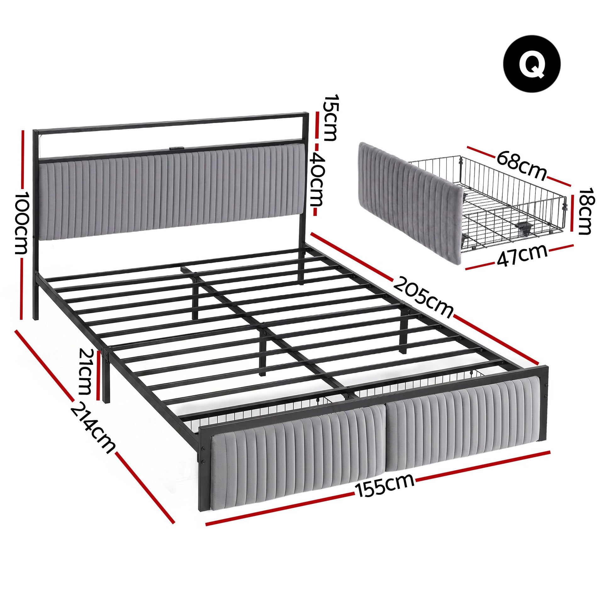 Artiss Metal Bed Frame Queen Size LED Charging Station 2 Drawers Awezingly
