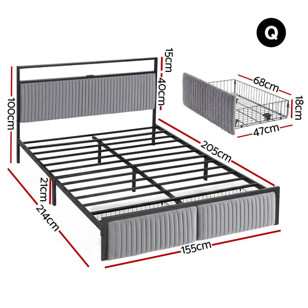 Artiss Metal Bed Frame Queen Size LED Charging Station 2 Drawers Awezingly
