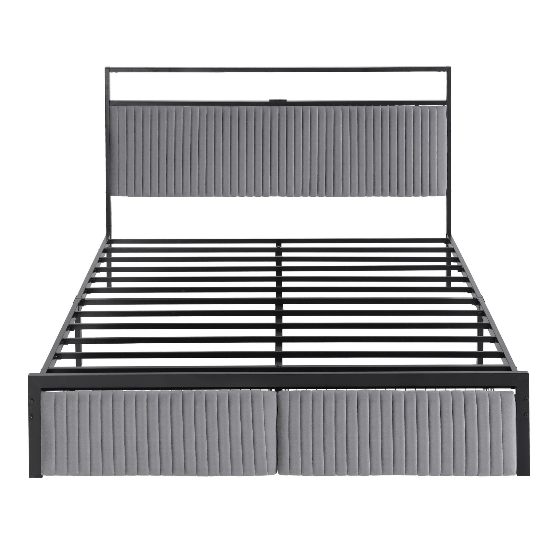 Artiss Metal Bed Frame Queen Size LED Charging Station 2 Drawers Awezingly