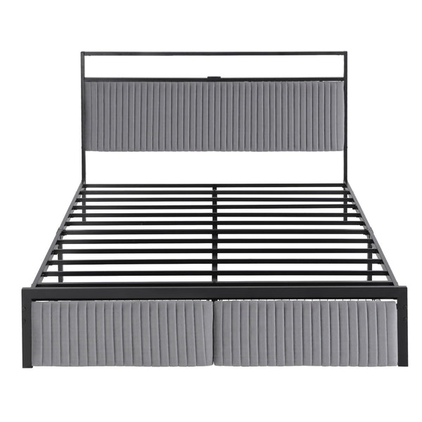 Artiss Metal Bed Frame Queen Size LED Charging Station 2 Drawers Awezingly