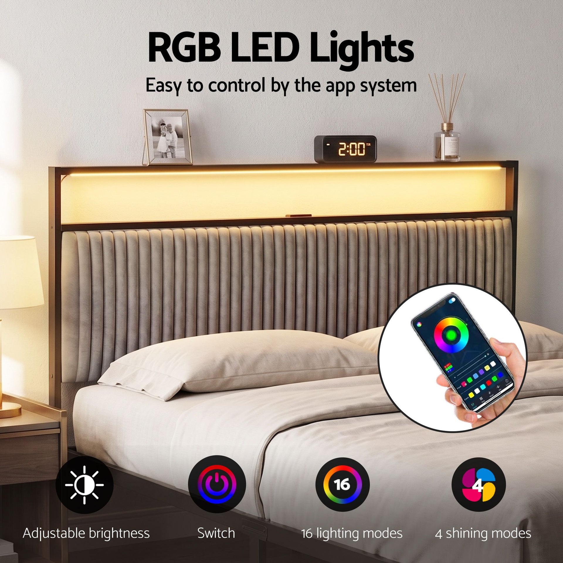 Artiss Metal Bed Frame Queen Size LED Charging Station 2 Drawers Awezingly