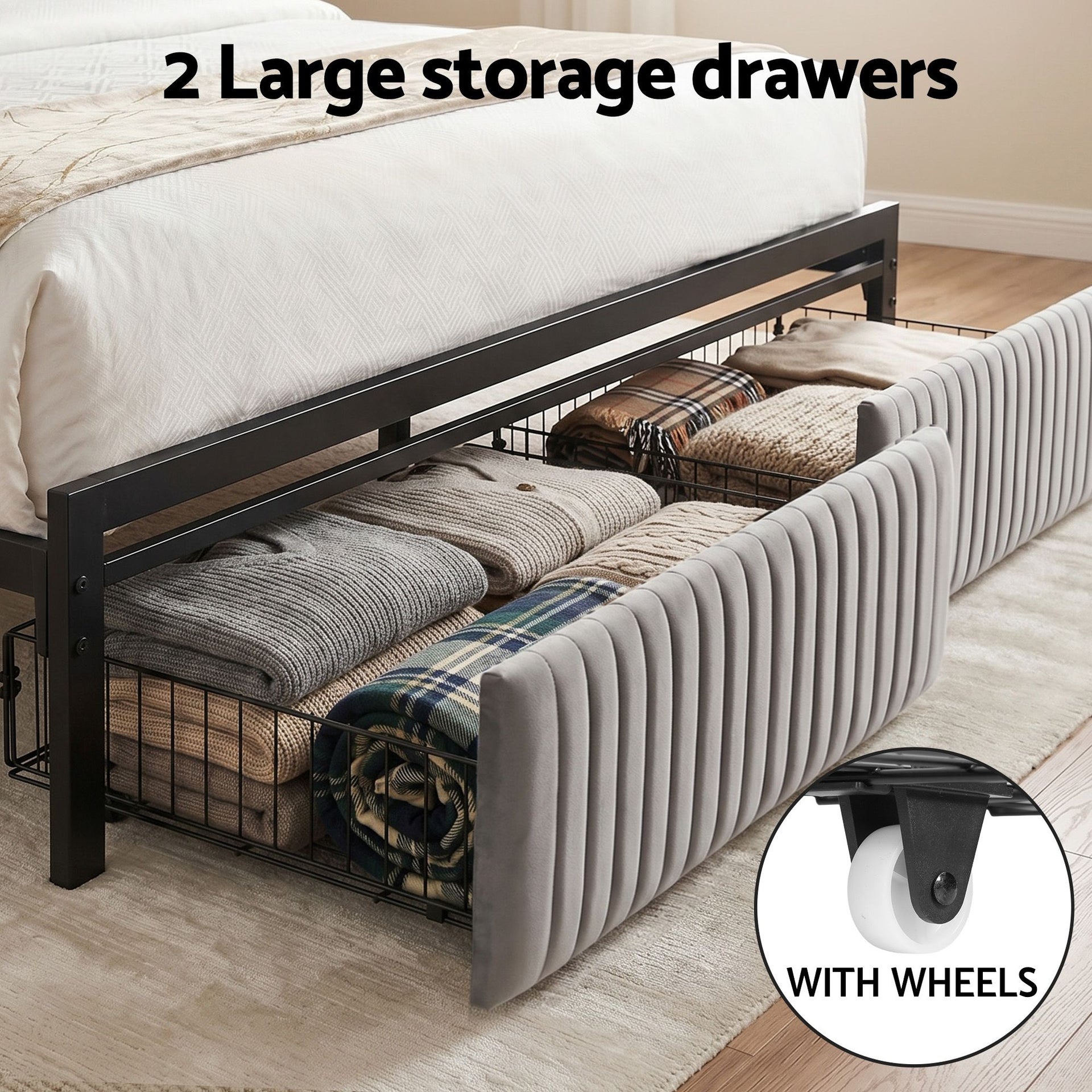 Artiss Metal Bed Frame Queen Size LED Charging Station 2 Drawers Awezingly