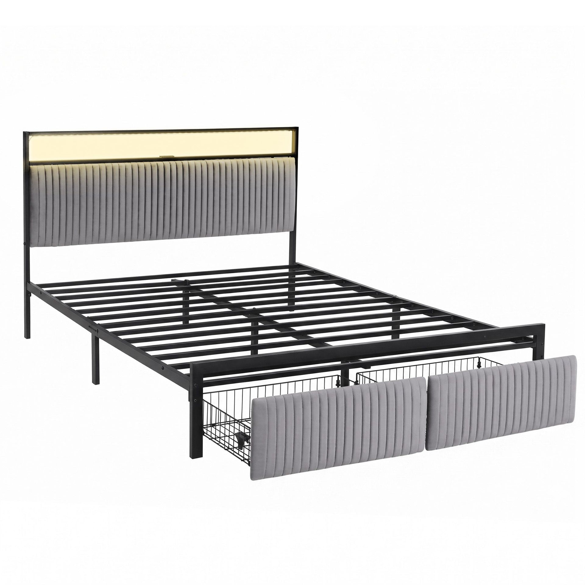Artiss Metal Bed Frame Queen Size LED Charging Station 2 Drawers Awezingly