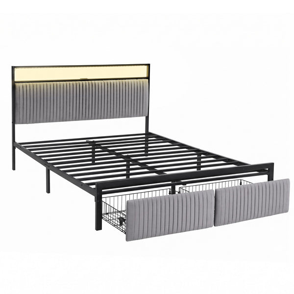 Artiss Metal Bed Frame Queen Size LED Charging Station 2 Drawers Awezingly