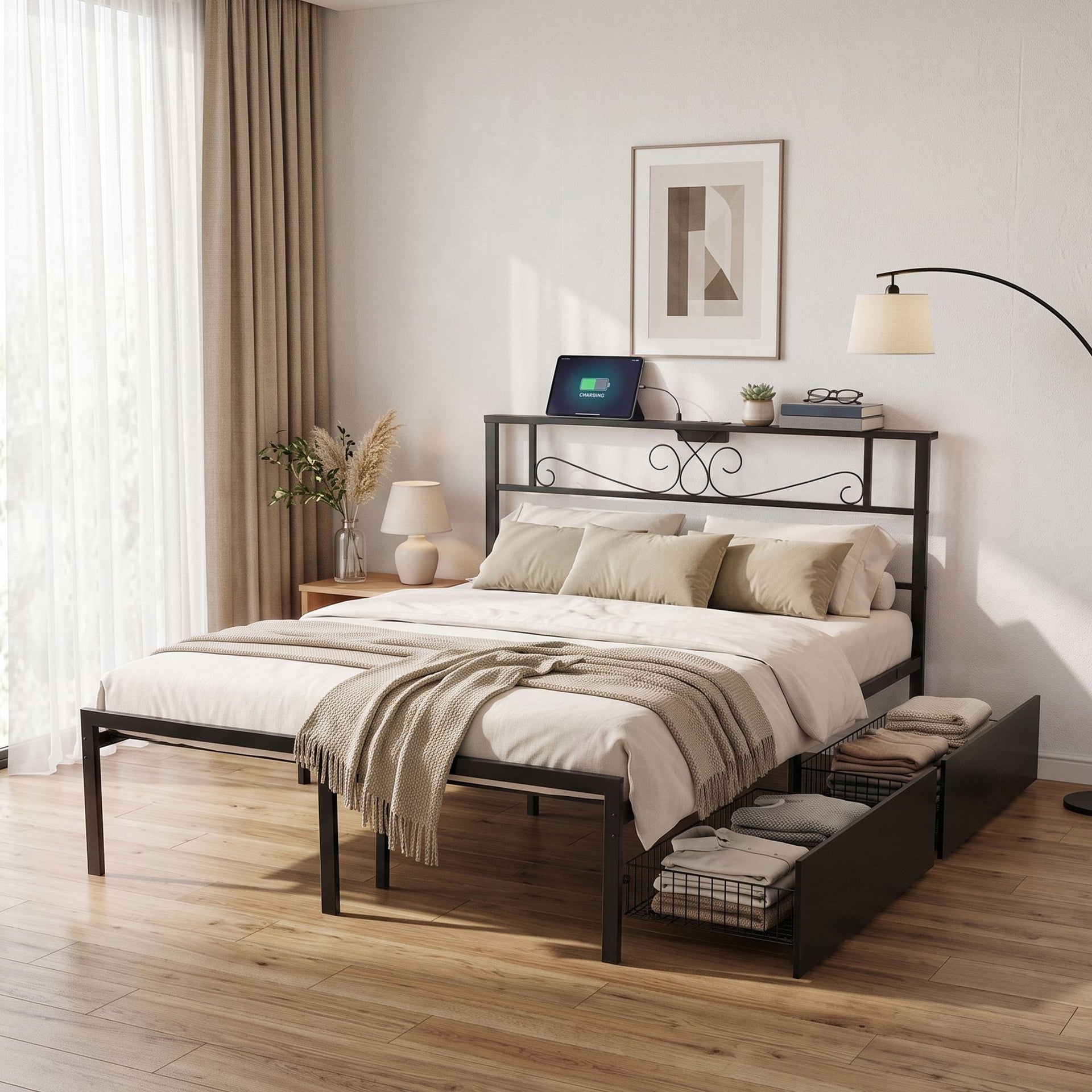 Artiss Double Bed Frame with Charging Station & Storage Drawers Metal Awezingly
