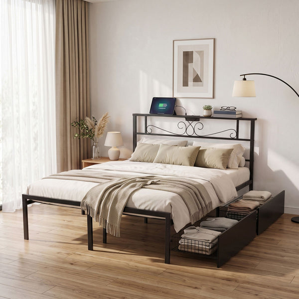 Artiss Double Bed Frame with Charging Station & Storage Drawers Metal Awezingly