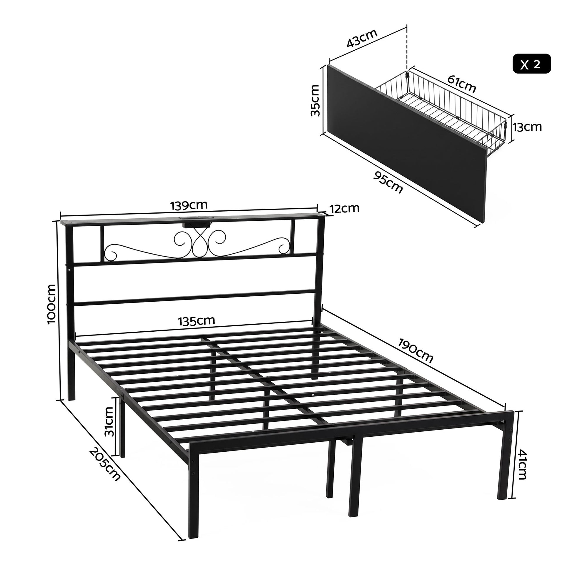 Artiss Double Bed Frame with Charging Station & Storage Drawers Metal Awezingly