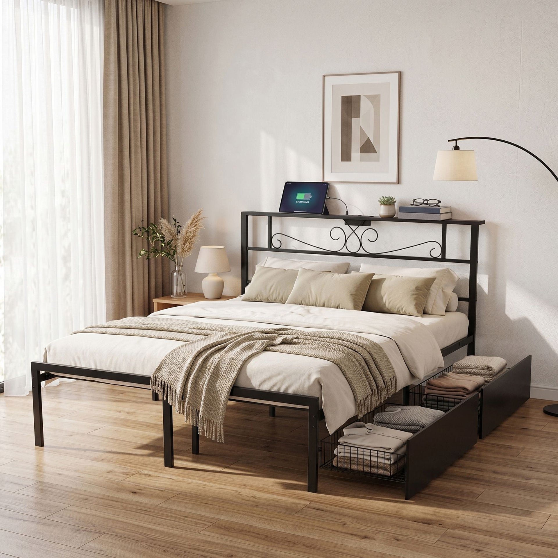 Artiss Queen Bed Frame with Charging Station & Storage Drawers Metal Awezingly