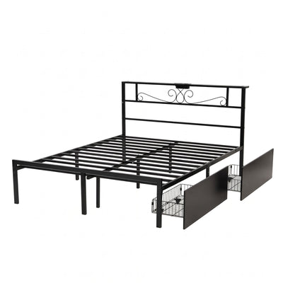 Artiss Queen Bed Frame with Charging Station & Storage Drawers Metal