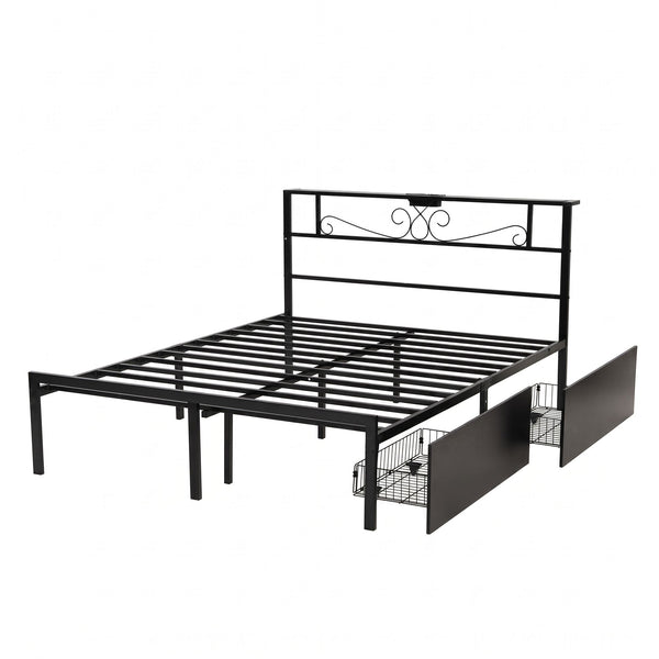 Artiss Queen Bed Frame with Charging Station & Storage Drawers Metal Awezingly