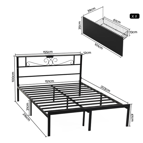 Artiss Queen Bed Frame with Charging Station & Storage Drawers Metal Awezingly