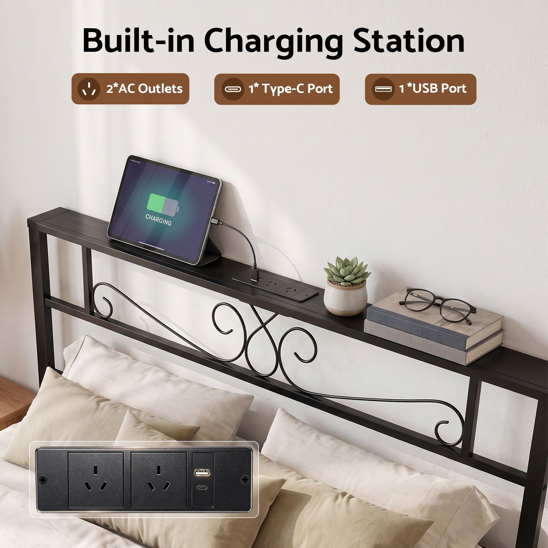 Artiss Queen Bed Frame with Charging Station & Storage Drawers Metal Awezingly