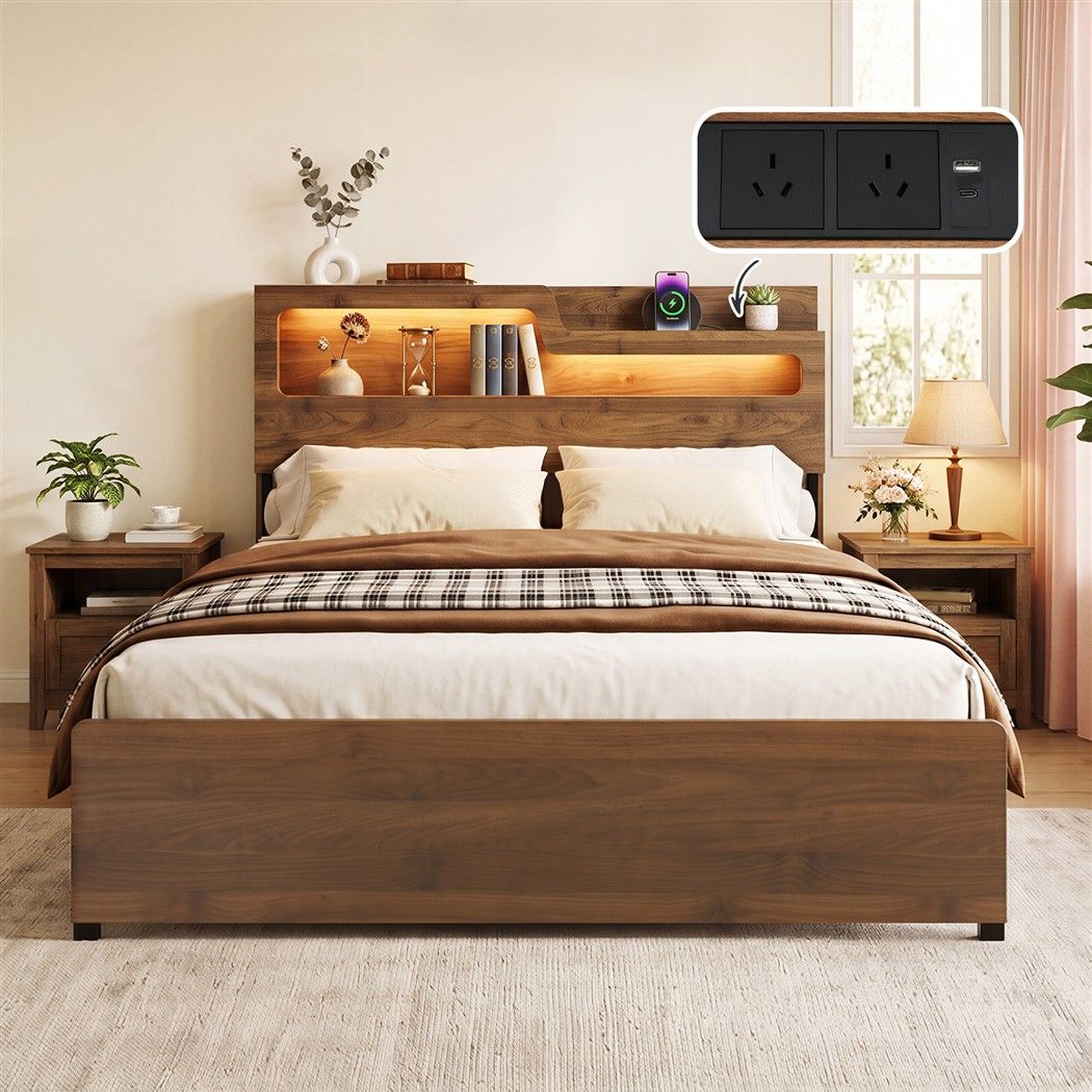 Artiss Double Bed Frame Metal with Charging Station LED Light Storage Shelf Awezingly