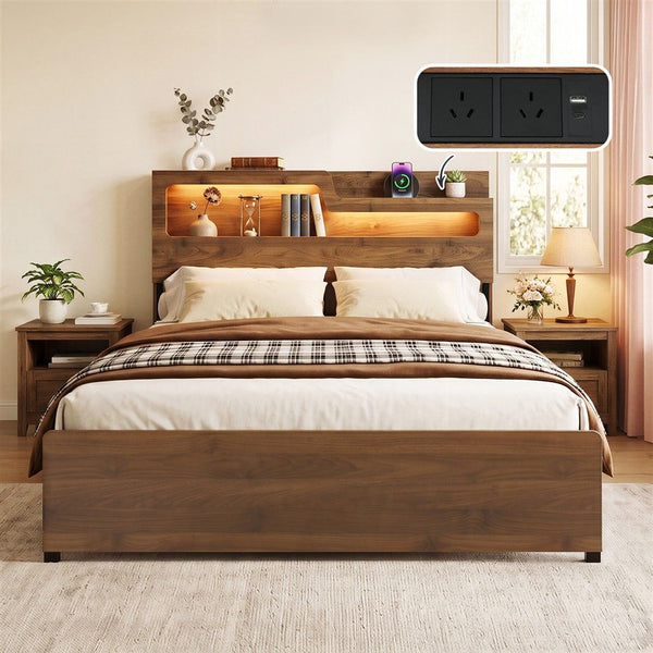 Artiss Double Bed Frame Metal with Charging Station LED Light Storage Shelf Awezingly