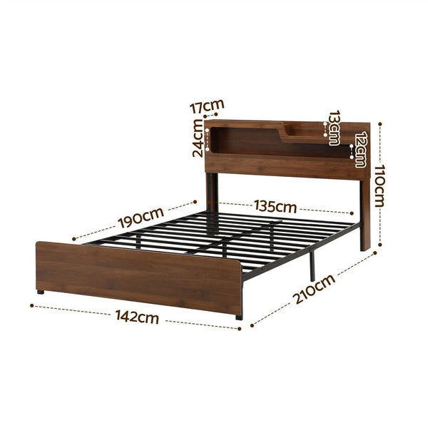 Artiss Double Bed Frame Metal with Charging Station LED Light Storage Shelf Awezingly