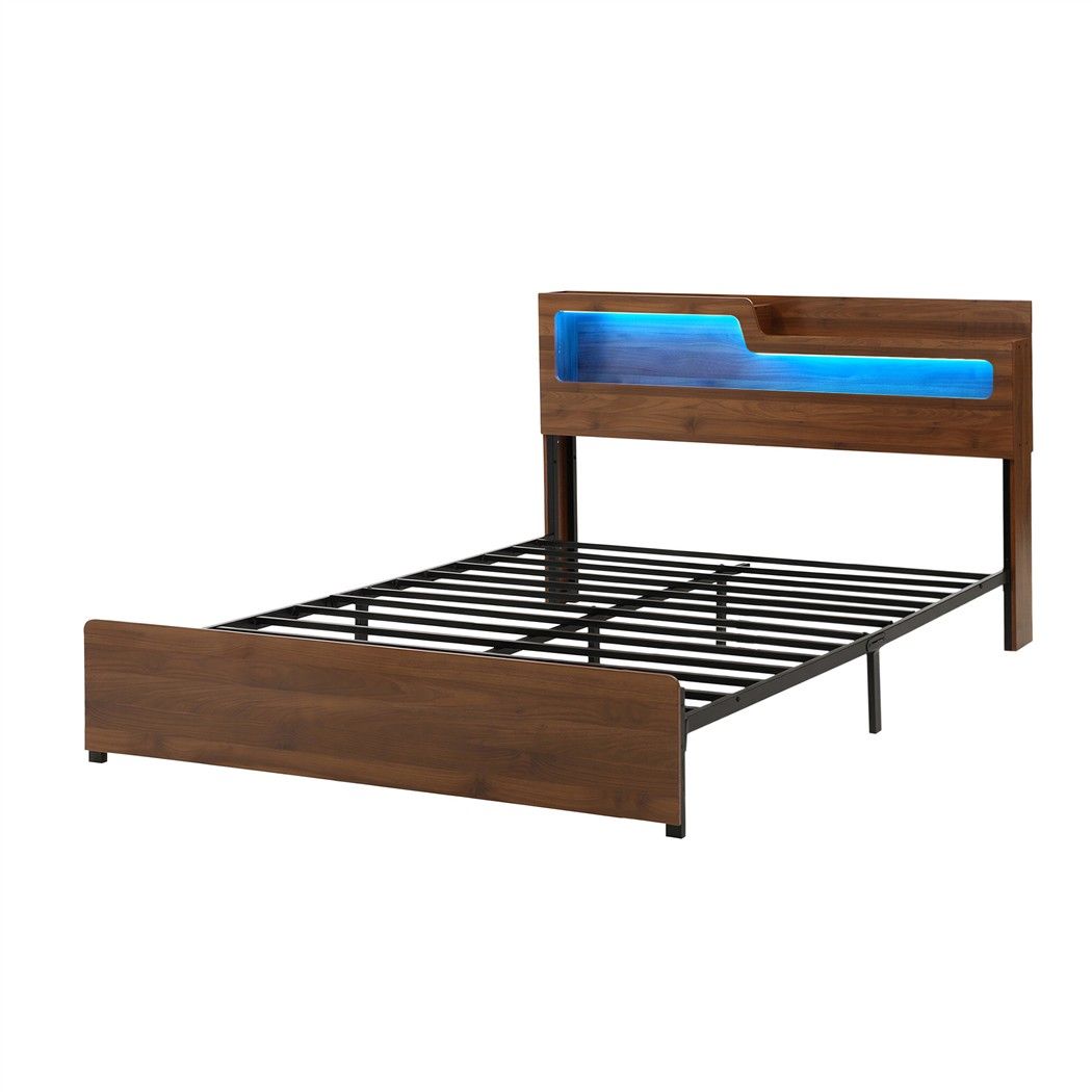 Artiss Double Bed Frame Metal with Charging Station LED Light Storage Shelf Awezingly