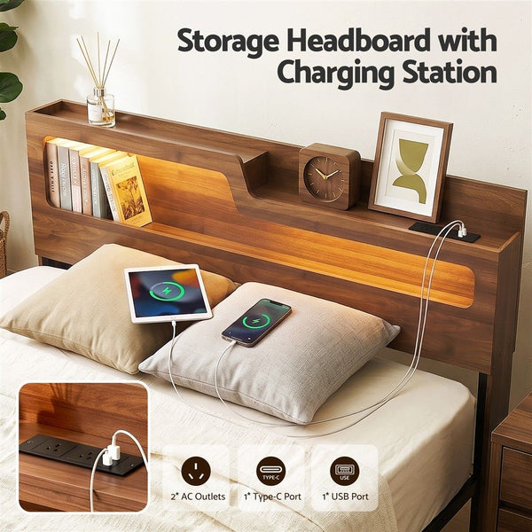 Artiss Double Bed Frame Metal with Charging Station LED Light Storage Shelf Awezingly