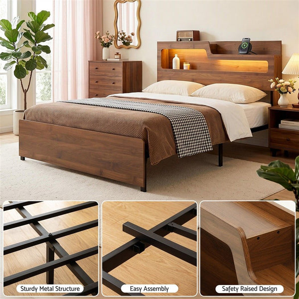 Artiss Double Bed Frame Metal with Charging Station LED Light Storage Shelf Awezingly