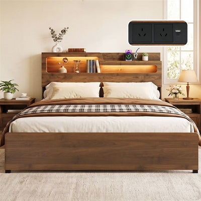 Artiss King Bed Frame Metal with Charging Station LED Light Storage Shelf