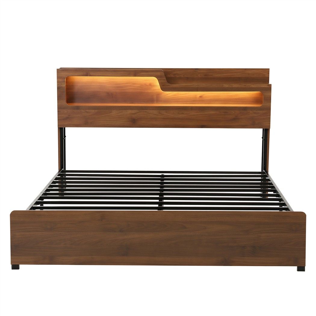 Artiss King Bed Frame Metal with Charging Station LED Light Storage Shelf Awezingly